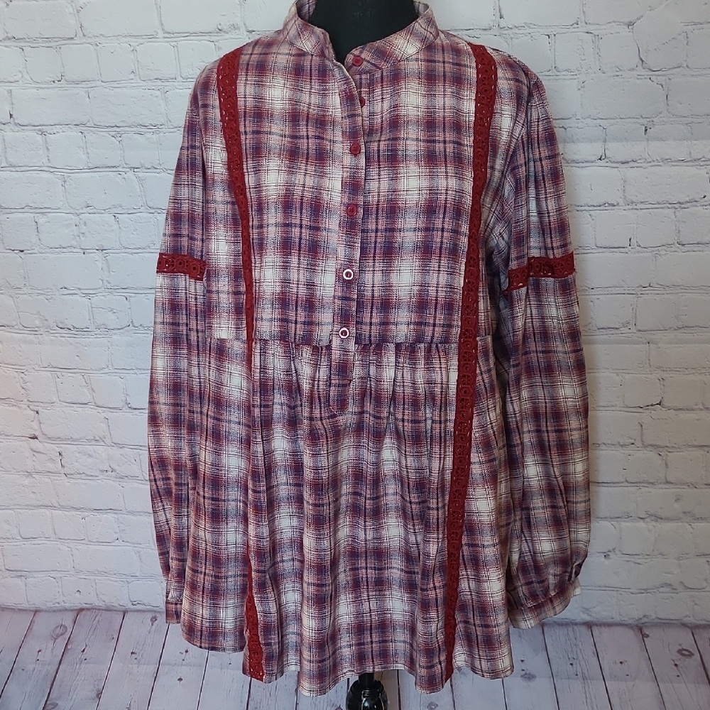 Size 1X Suzanne Betro Maroon Plaid Tunic Top Babydoll